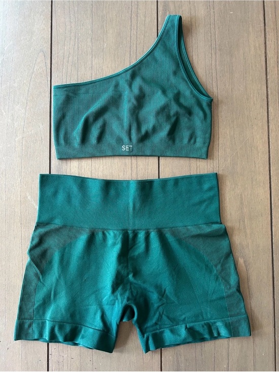 SET Active Pants - SET Active Forest Green One-Shoulder Crop Top & High-Waist Shorts